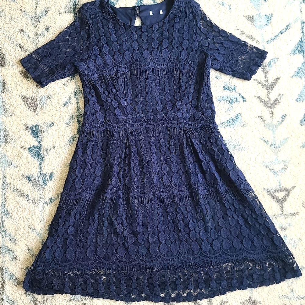 Navy Lace Overlay Dress - Midnight Era